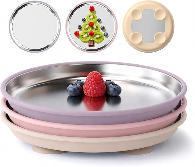 Bakpoco Stainless Steel Suction Plates for Baby, Kids Snack Dishes | 8" Stainless Steel Toddler Plates Open Kids Plate with Silicone Suction Non Toxic Dishwasher Safe Dinnerware Set of 3