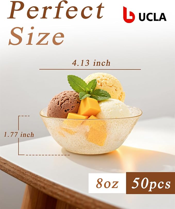 bUCLA 50Pack Gold Glitter Plastic Small Bowls - 8oz Disposable Ice Cream/Salsa/Dipping/Dessert/Sauce/Small Serving Bowls for Party