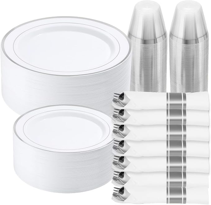 490 Piece Silver Plastic Dinnerware Set for 70 Guests | Disposable Dinnerware Includes: 70 Dinner Plates, 70 Dessert Plates, 70 Pre Rolled Napkins with Silverware, 70 Cups