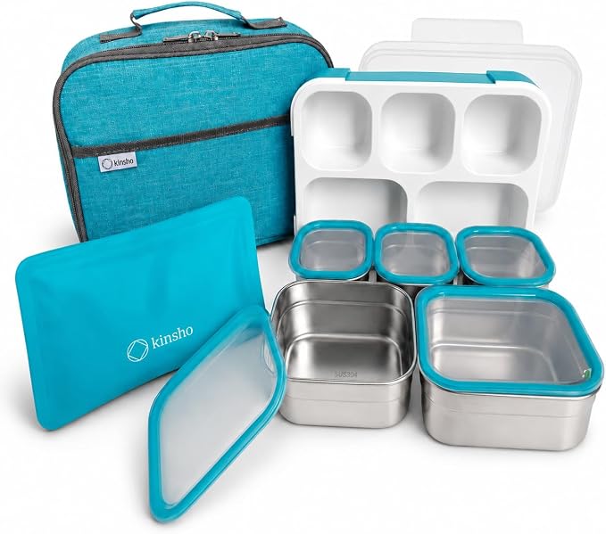 Stainless Steel Kids Bento Lunch Box with Insulated Bag & Ice Pack for Toddler Daycare, Kids or Adults, Leak Proof School Meal Container, Snack Food Containers, 5 Compartment Snackle-box 34 Oz Blue