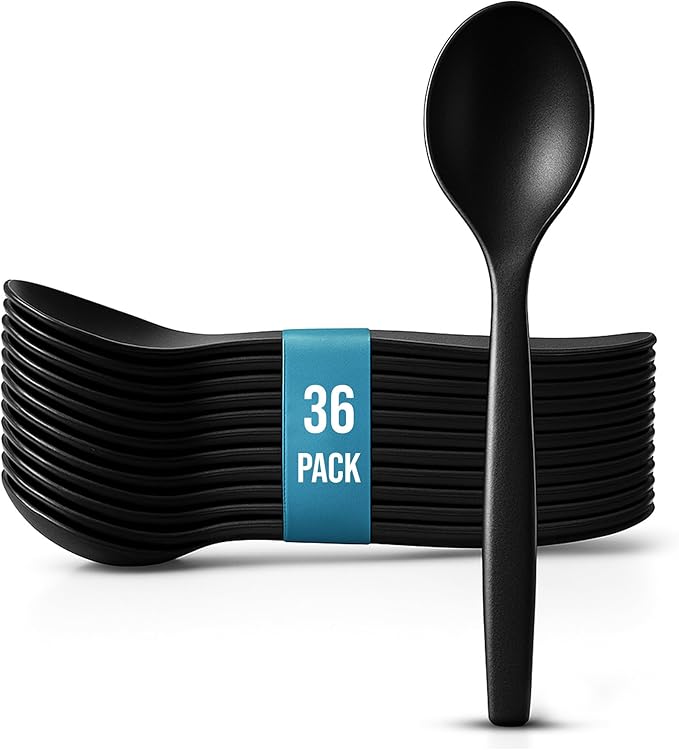 10" Black Plastic Serving Spoons for Buffet, 36 Pack | Heavy-Duty Disposable Plastic Serving Utensils for Catering, Buffets, Parties, Weddings, and Events