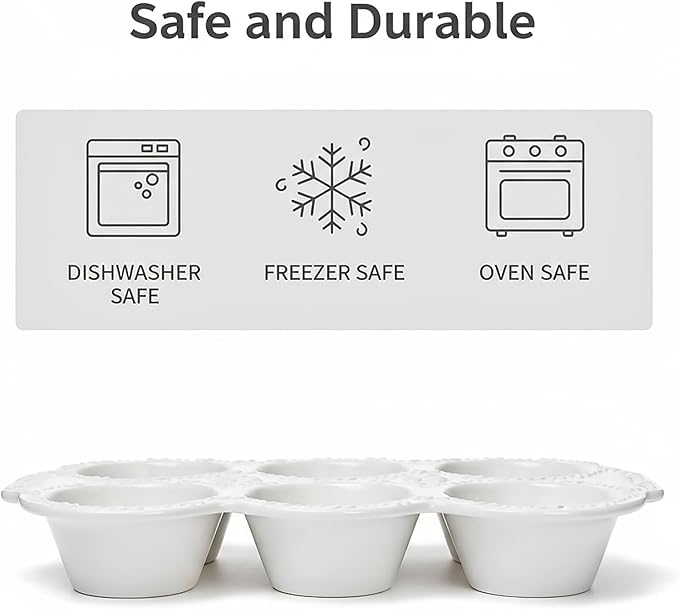 Hiceeden 2 Pack 6-Cup Ceramic Muffin Pan, Nonstick Cupcake Baking Pans with Handle, Ceramic Muffin Tin with Embossed Pattern for Muffin, Cupcake, White