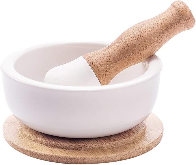 E-liu Porcelain Mortar and Pestle Set with Lid, Functional for Grinding | Pill Crusher, Spice Grinder, Herb Bowl, Pesto Powder – Molcajete for Salt - PLUS Lid/Non-Slip Base