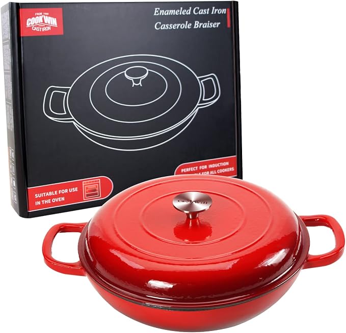 Cast Iron Casserole Braiser, 3.8 Quart Enameled Cast Iron Dutch Oven Pan with Lid, Heavy Duty and Dual Handles Skillet, Oven-Safe Porcelain Surface Casserole Dish, Red