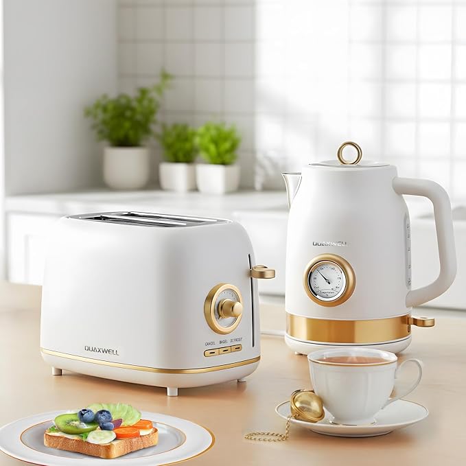 Retro 2-Slice Toaster, Stainless Steel, Matte White and Gold | Wide Slots, 7 Bread Shade Settings, Bagel, Cancel, and Defrost Functions, Removable Crumb Tray, Retro Kitchen Appliances