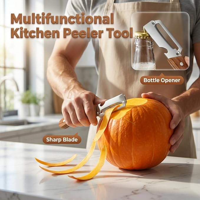 Multi-Functional Vegetable Peeler for Kitchen, 2026 New Stainless Steel Peeler with Wooden Handle and Bottle Opener, Kitchen Tool for Fruit Veggie Pumpkin, Gifts for Mom (MIX，2PC)