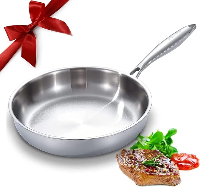 DELARLO Tri-Ply Stainless Steel Pan,18/10, 12.5" | Nontoxic Durable Oven Safe 800℉ All Cooktops Compatible Fast Even Heat PFOA Free Large Frying Pan Nontoxic Cookware