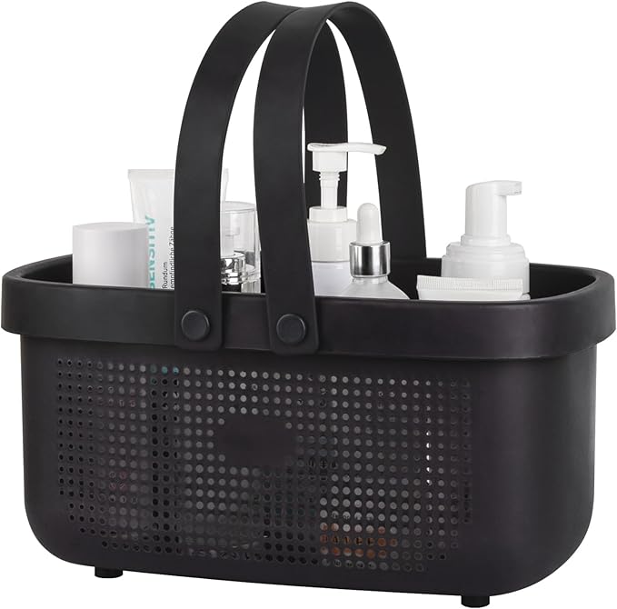 Portable Shower Caddy Basket with Handles Plastic Storage Basket Black | Sturdy Drainage Large Capacity Organizer Basket with Silicone Handles for Bathroom Kitchen Bedroom College Dorm Essentials