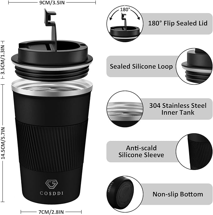 CS COSDDI 12 oz Coffee mug - Stainless Steel Coffee Cup with Leakproof Lid | Stainless Steel Double-wall insulation, 6-Hour Heat Retention, 360°Leak proof, BPA-free, Reusable And To Go Coffee Mug