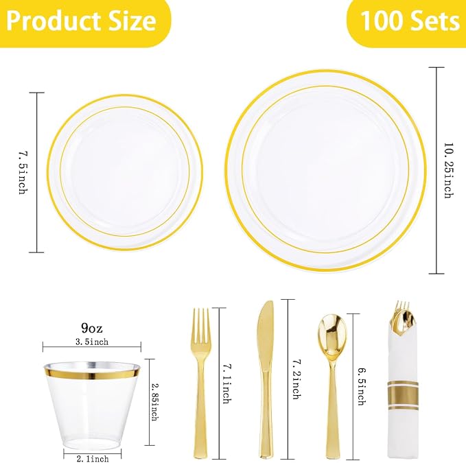 DaYammi 350PCS Clear Gold Plastic Dinnerware Set for 50 Guests Gold Plates Disposable Include: 50 Dinner Plates, 50 Dessert Plates,50 Pre Rolled Napkins with Gold Silverware,50 Cups for Party Wedding