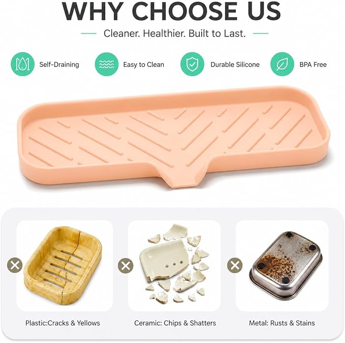 MicoYang Silicone Soap Dish with Drain Spout — Self-Draining Double Sink Organizer Tray for Kitchen & Bathroom, Dispensers, Sponges & Soap Holder, Non-Slip & Dishwasher Safe, Pink (Large, 12"×4")