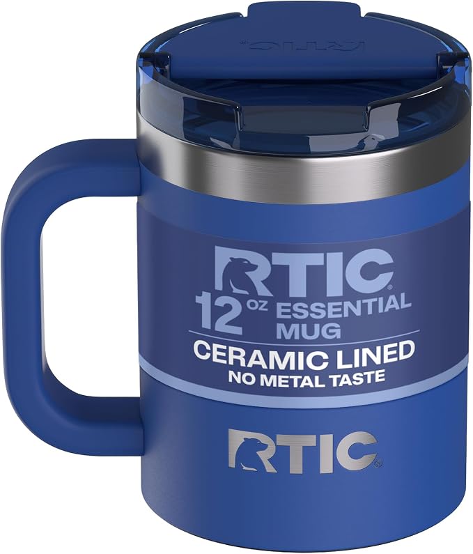 RTIC 12oz Essential Mug with Lid and Handle, Ceramic Lined, Insulated, Stainless Steel, Metal, Double Wall Vacuum-Insulation, Portable, Travel Cup for Hot and Cold Drink, Cobalt