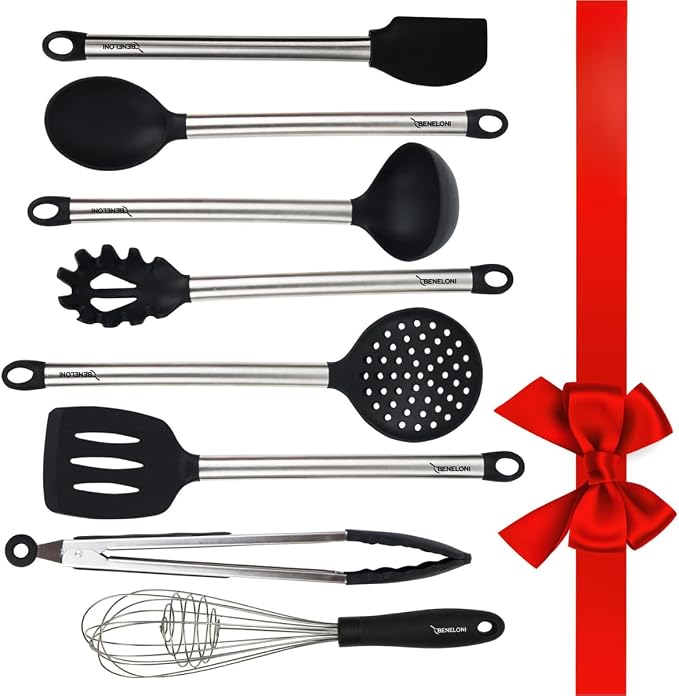 PREMIUM Silicone Kitchen Serving Utensil Set - Stainless Steel Metal and Black Utensils Including Tongs Spoons Spatula Ladle Whisk and Frosting Spatula Professional Nonstick Safe Modern Cooking Tools