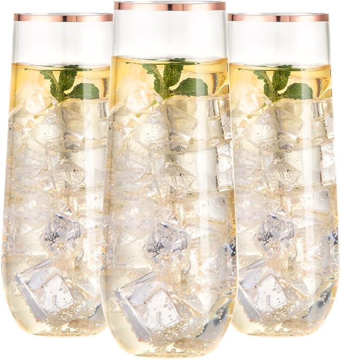 Ciaell 24 Pack Rose Gold Plastic Champagne Flutes for Weddings Birthdays | 9 oz Rose Gold Stemless Mimosa Glasses, Heavy Duty Plastic, Champagne Mimosas Wine Cocktails for Parties Anniversaries Bars