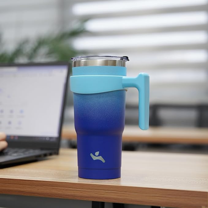 Konokyo 20 oz Tumbler with Handle and Straw, Insulated Travel Mug | Sky; BPA-free, leak-proof tumbler with 2 lids, 2 straws, cup holder fit for coffee, office, travel & daily use