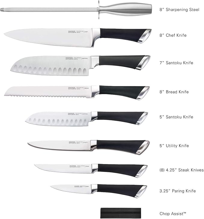 Chicago Cutlery Fusion 17 Piece Kitchen Knife Set with Wooden Storage Block, Cushion-Grip Handles with Stainless Steel Blades that Resists Stains, Rust, and Pitting