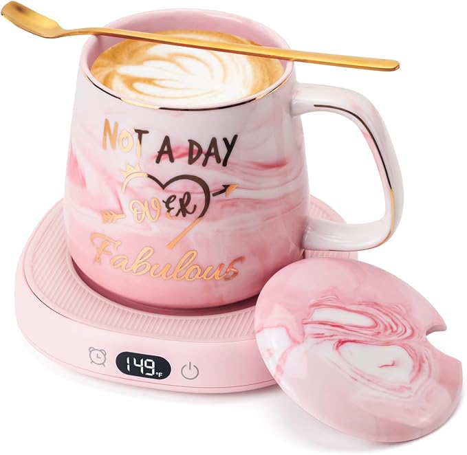 Coffee Mug Warmer & Not A Day Mug Set, Coffee Cup Warmer for Desk | Smart Beverage Warmer Plate for Coffee,Tea,4 Temperature Setting,8-Hours Auto Shut Off,14oz Mug with Spoon & Lid Included