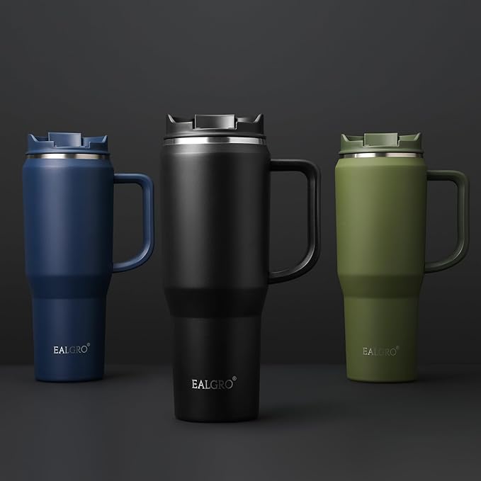 EALGRO Insulated Coffee Mug with Lid, 40 oz Tumbler with Handle and Straw | Leakproof Stainless Steel Coffee Tumbler, Large Metal Sports Water Bottle Jug, Double Wall Vacuum Thermal Cup, Navy Blue