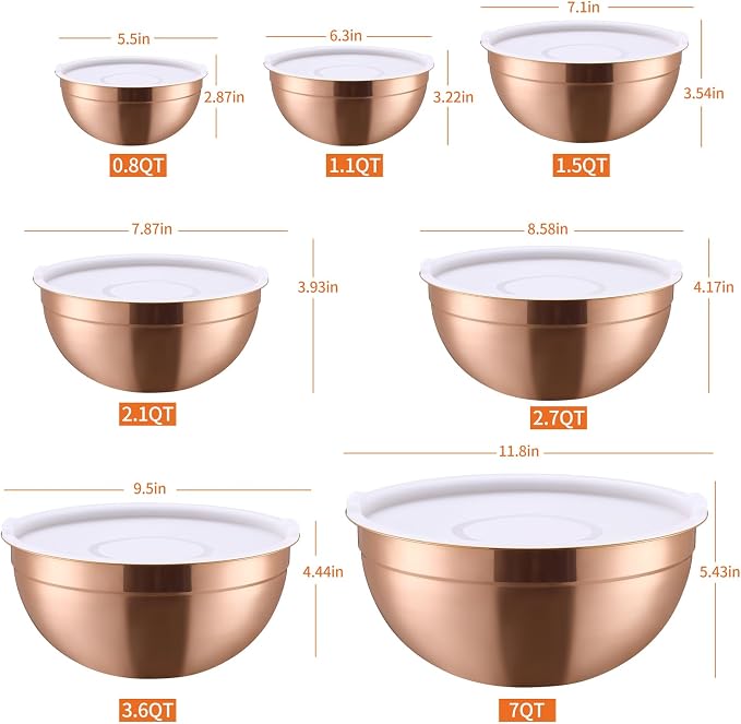 Rose Gold Mixing Bowls with Airtight Lids, Stainless Steel Nesting Mixing Bowls Set of 7, Ideal for Baking, Prepping and Serving Food, Size 7, 3.6, 2.7, 2.1, 1.5, 1.1,0.8 QT, Stackable Design