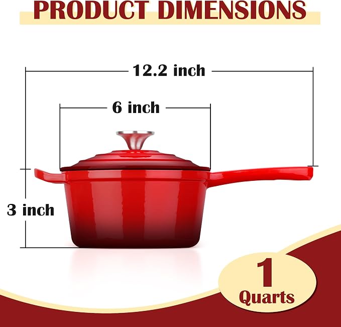 E-far Enameled Cast Iron Sauce Pan with Lid, 1 Quart Dutch Oven Saucepan, Mini Sauce Pot for Cooking, Boiling, Healthy & Non Toxic, Induction & Oven Safe, Red