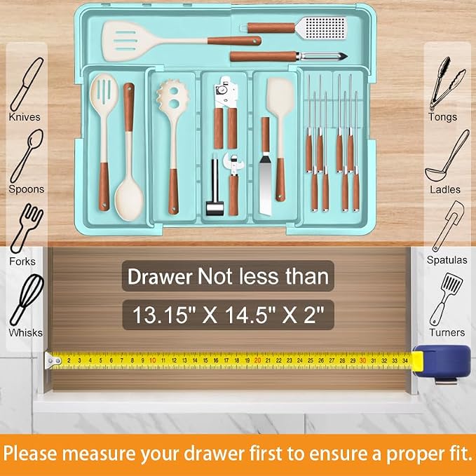 Utensil Drawer Organizer for Kitchen, Expandable Silverware Organizer Cooking Utensils Tray, Large Cutlery and Flatware Holder, Kitchen Tools & Gadgets Storage (Turquoise)