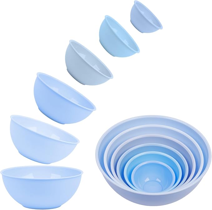BoxedHome BPA Free Plastic Round Mixing Bowl with Lids, 12 Pack Nesting Bowls with Lids Set, Microwave and Dishwasher Safe Prep & Serving Bowls Great for Mixing, Baking, Serving (Pale Blue, 12pcs)