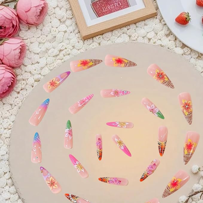 24Pcs Long Press On Nails Stiletto French Tip Fake Nails 3D Hawaii Flower Nails with Rhinestone Design Summer Floral Acrylic False Nails Full Cover Artificial Almond Nails Tips for Women Manicure