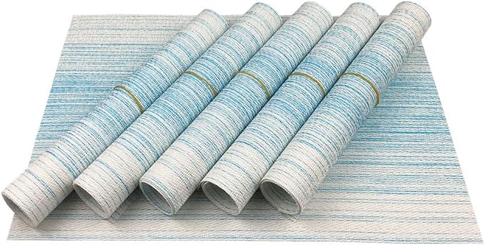 WAZAIGUR Placemats Set of 6, Woven Vinyl Table Placemats, Blue with White | Placemat, Blending Color Durable Washable Place Mats Indoor Outdoor Heat-Resistant Anti-Skid Kitchen Dining Table Mats