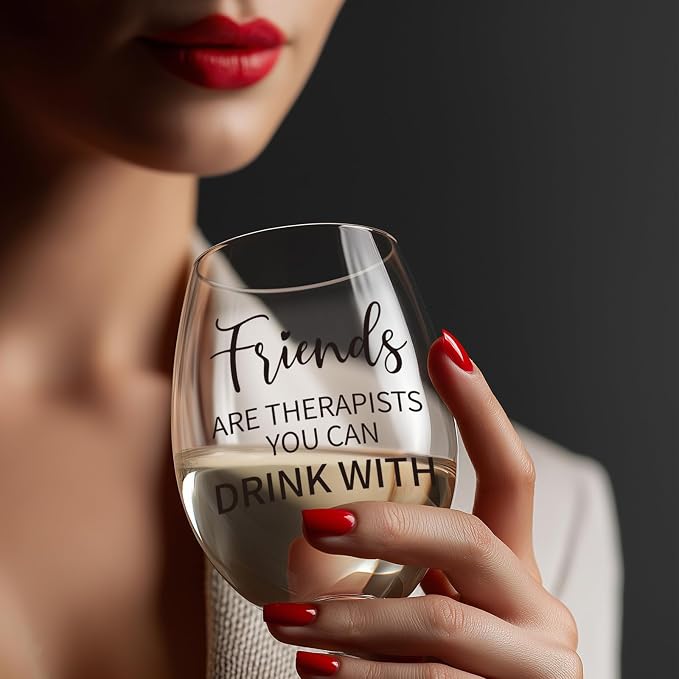 Birthday Gifts for Women Friendship 15 oz Wine Glasses, Dishwasher Safe | “Friends Are Therapists You Can Drink With” – Scratch-Resistant Wine Glass, Best Friend Birthday Gifts for Women (Black)