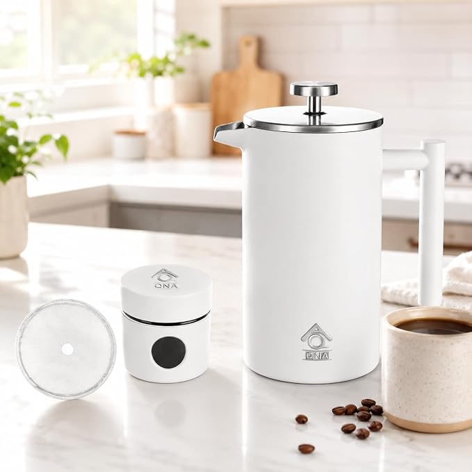 QNA French Press Coffee Maker, 34oz(1000ml)304 Stainless Steel, Double Wall | Includes a coffee canister and extra filter for upgraded 4-layer filtration, delivering smoother coffee with fewer grounds.