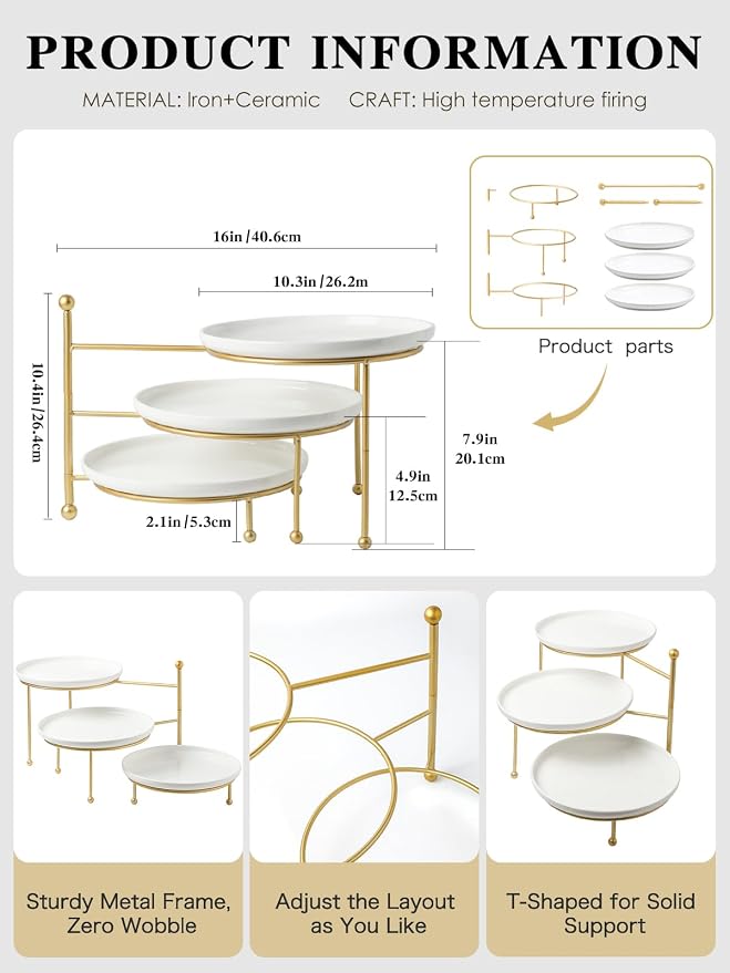 Kanwone 3 Tiered Serving Stand with White Porcelain Plates, 10.3" Round Tray, dessert table display set, Gold Metal Stand, Versatile & Durable