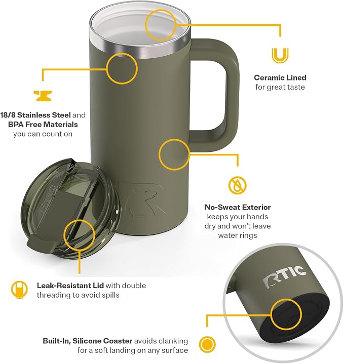 RTIC 16oz Road Trip Travel Mug with Lid and Handle, Ceramic Lined, Olive | Stainless Steel Metal, Insulated Travel Cup for Hot and Cold Drinks, Coffee, Car, Camping and Travel