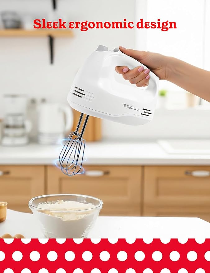 Betty Crocker 5-Speed Hand Mixer, 150 Watts Power, BC-4203WT, White | Easy-Clean Chrome Plate Beaters, Beater Eject Button, Heel Rest, Sleek Compact Design, Apartment Essentials
