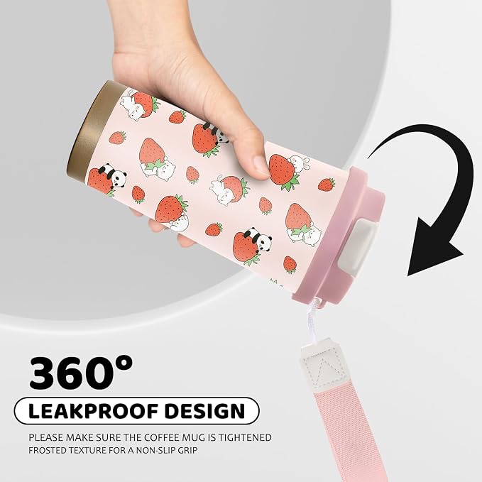 Strawberry Stainless Steel 2-in-1 Lid Coffee Tumbler 18 oz Cute Strawberries Print Insulated Travel Coffee Mug Strawberry Gifts for Women Girls Birthday Christmas