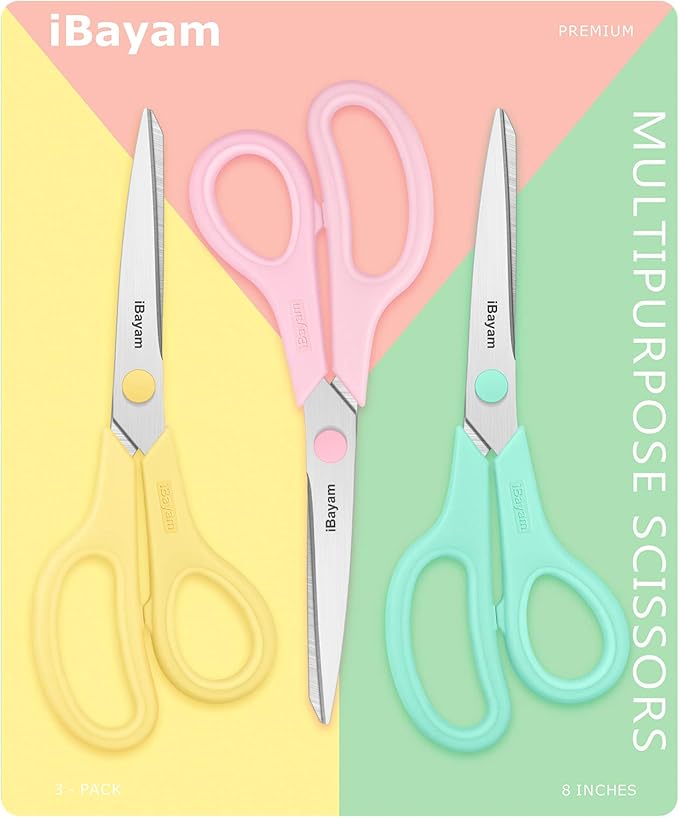 iBayam 8.5" All Purpose Yellow Pink Teal Scissors for School Office Teacher | 2.5mm Thick Blade Shears | Soft Comfort-grip | Left/Right Handed | Cute Office School Teacher Supplies | Home Sewing Fabric