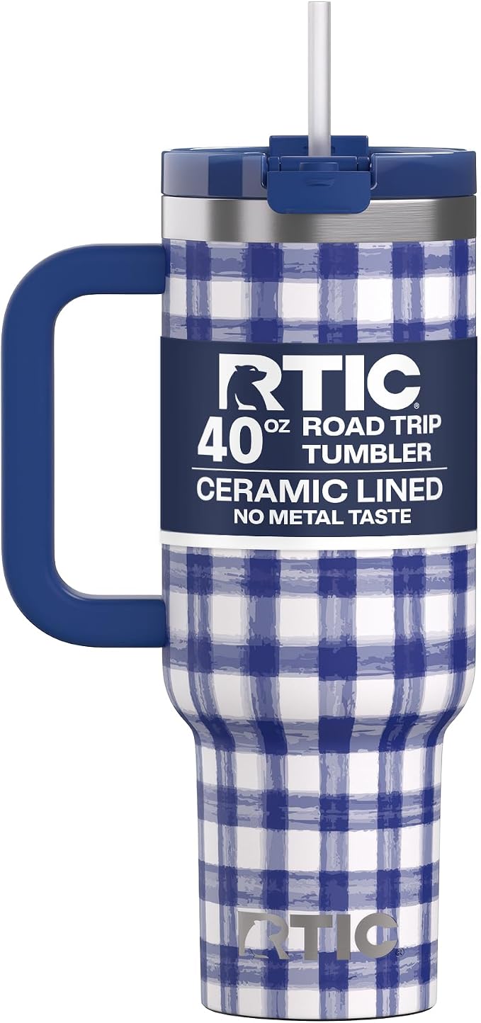 RTIC 40 oz Road Trip Tumbler Double-Walled Cermaic Lined Insulated Stainless Steel Portable Travel Coffee Mug Cup with Lid, Handle and Straw, Cobalt Gingham