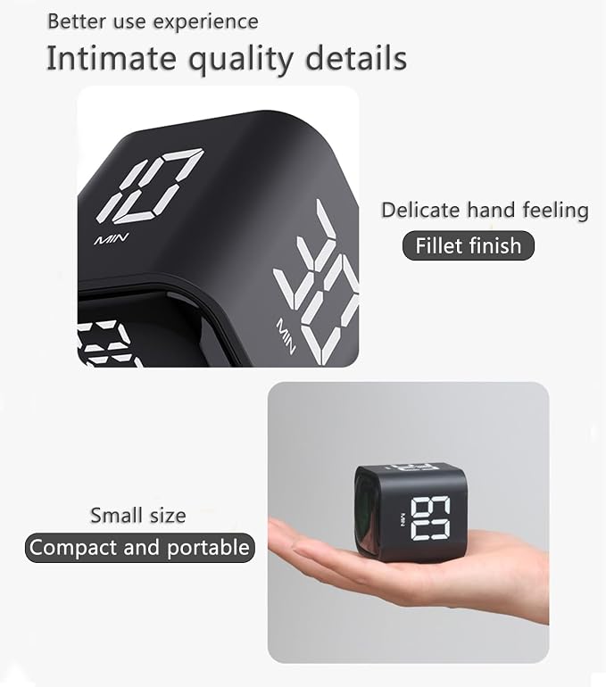 Digital Cube Pomodoro Timer Desk Rechargeable Productivity Timer 5/10/30/60min & Custom Countdown, Vibration & Adjustable Sound Alarm,for Task Work Kitchen ADHD Kids Studying (Black)