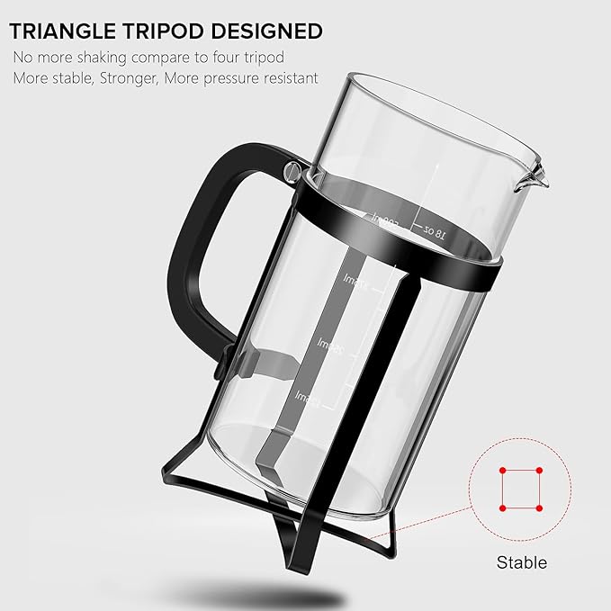 QUQIYSO French Press Coffee Maker 21oz,Borosilicate Glass Coffee Press | Thickened Glass Stainless Steel Coffee French Press,Easy to Clean,4 Filter Suitable for Kitchen Party Camping Gifts(Black)