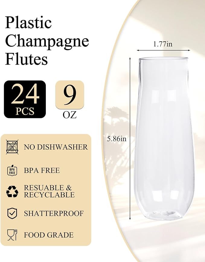 Ciaell 24 Pack Plastic Champagne Flutes for Weddings Birthdays | 9 oz Stemless Mimosa Glasses, Heavy Duty Plastic, Champagne Mimosas Wine for Parties Bars Anniversaries
