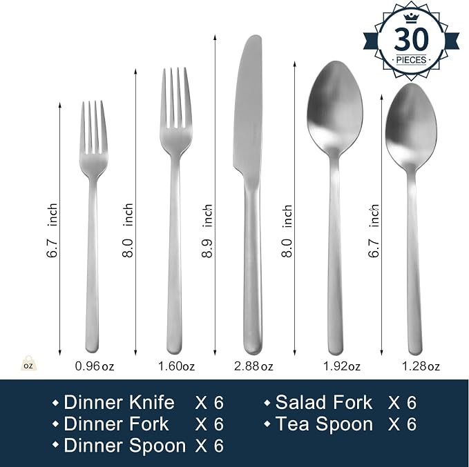 30 Pieces Silverware Set, Flatware Cutlery Set for 6, 18/10 Stainless Steel Silverware Utensils Minimalist Design Dishwasher Safe, Matte Silver