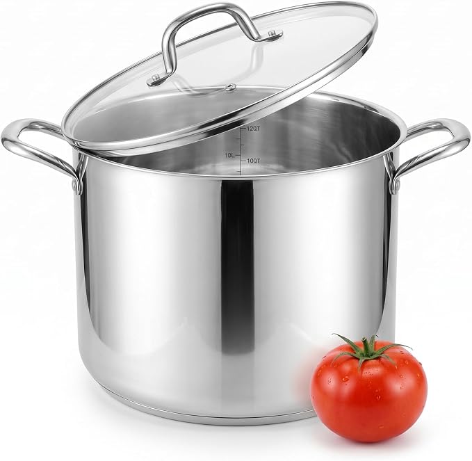 Leonyo 14Qt Stock Pot with Lid, Large Stainless Steel Stockpot for Cooking | 3-Ply Heat-conducting Base for All Stoves, Stewing & Boiling & Simmering