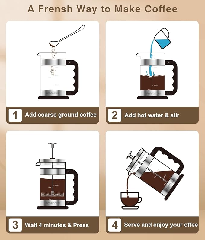 AMFOCUS French Press Coffee Maker, 21OZ, Borosilicate Glass Coffee Press | Thickened Glass Cold Brewer, 4-Level Filtration,Coffee Tea Pot for Kitchen Camping Travel Gifts