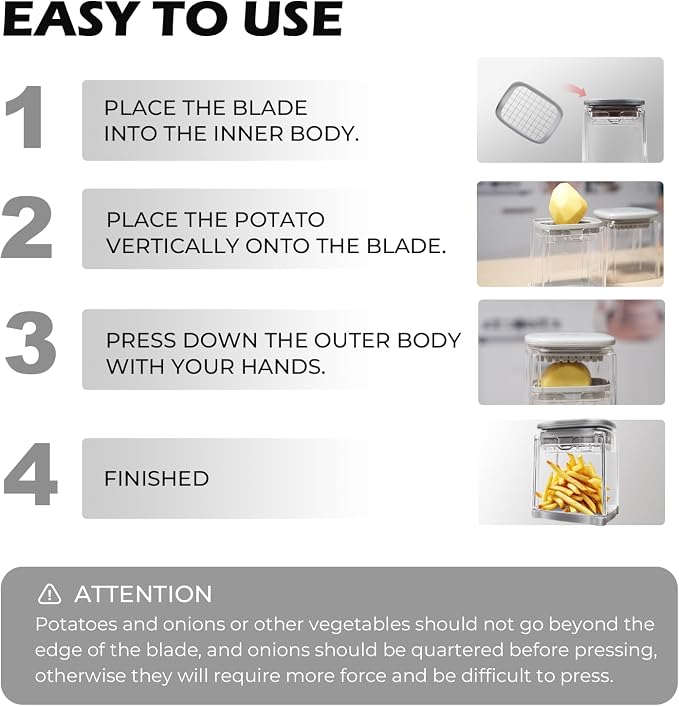 4-in-1 French Fry Cutter Potato Slicer with Container Manual Vegetable Chopper with 4 Blades Potato Cutter for Fries Apple Slicer & Onion Dicer