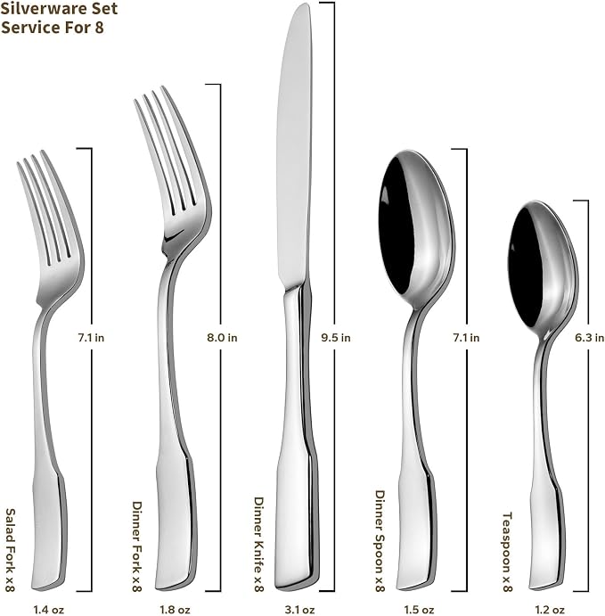 Alata Kate 45-Piece Silverware With Utensil-Serving Set, Service for 8, Stainless Steel Flatware, Mirror Polished Cutlery, Dishwasher Safe