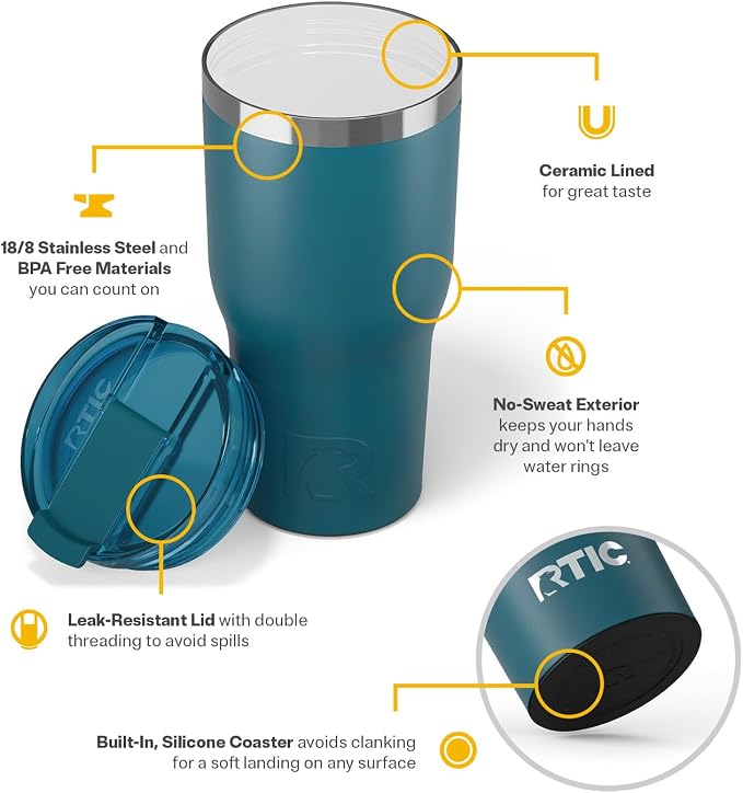 RTIC 30oz Essential Tumbler with Lid, Ceramic Lined, Marine | Insulated, Stainless Steel Metal, Portable Travel Cup for Hot and Cold Drinks, Coffee, Car, Camping and Travel