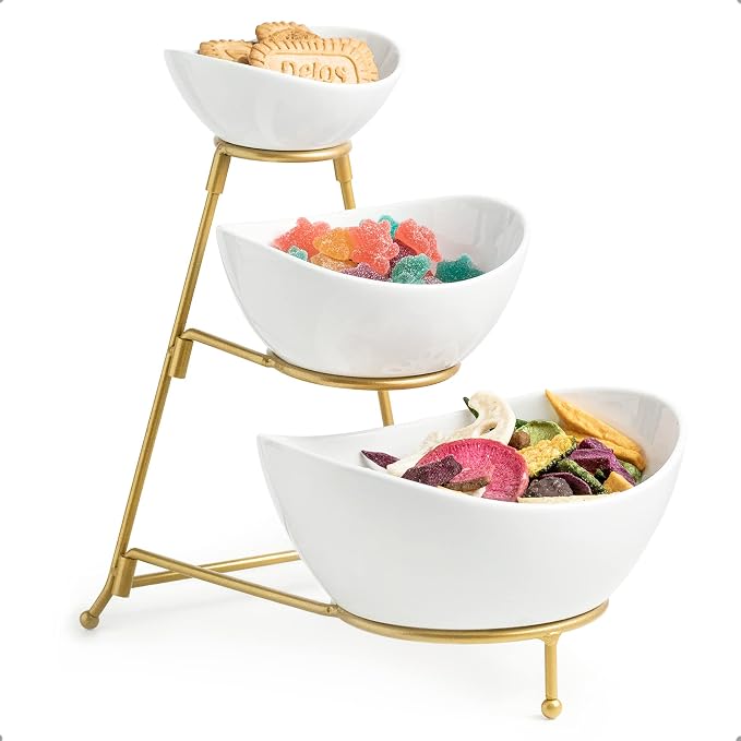 Miamolo 3 Tier Serving Bowls with Stand for Entertaining Party | Chips and Dip Serving Dishes Hosting Essentials | Ceramic Fruit Bowl for Salad Soup Snacks | Microwave & Dishwasher Safe