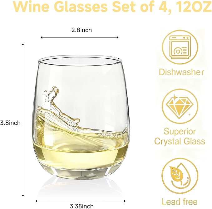 Red Wine Glasses, Stemless Wine Glasses Set 4, Glasses 12 oz, Smooth Rim Wine Glass Set, Cute Wine Glasses, Perfect for Wedding, Anniversary or Christmas Holiday Gifts