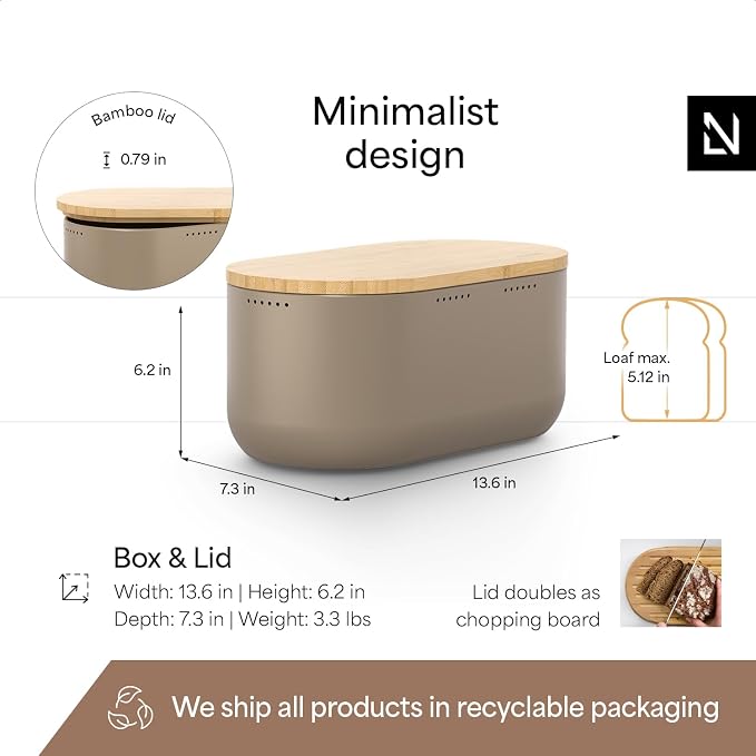 LARS NYSØM Bread Box I Metal bread box for long lasting freshness with non-slip pads I Baked goods Bin with bamboo lid usable as cutting board I 13.6x7.3x6.2in (Taupe Brown)