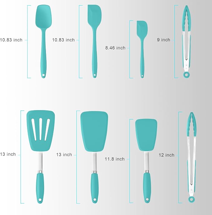5-Piece Silicone Spatulas Set with Tongs, 446°F Heat Resistant, Aqua Sky | Steel-core Utensils, Nonstick-safe Silicone Turners and Tongs for Flipping, Grilling, Mixing and Baking, Dishwasher Safe