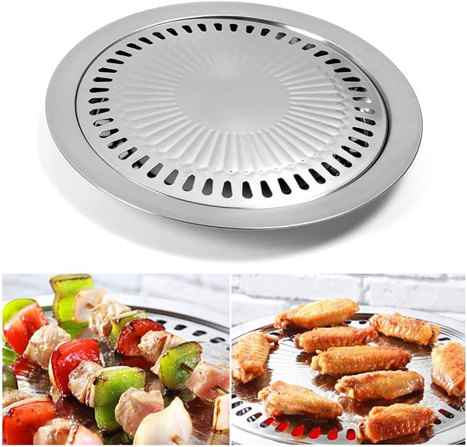 Korean BBQ Grill Pan Stainless Steel Round Stovetop Pan 11.81 In | Ideal for small-batch indoor grilling of meats and vegetables on compatible stovetops or hot plates